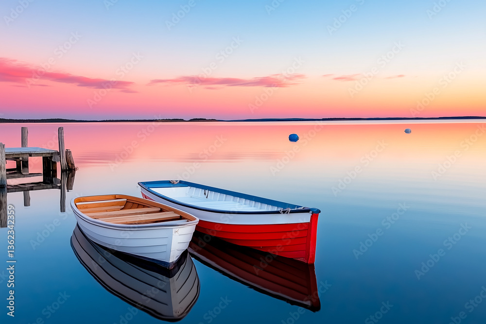 Two boats floating on calm lake at colorful sunset, peaceful scene evoking stillness, serenity and natural beauty Two boats floating on calm lake at colorful sunset, peaceful scene evoking stillness, serenity and natural beauty