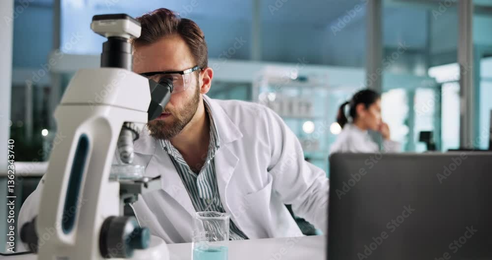 Laptop, science or man on microscope with chemical for medical experiment in lab at night. Chemistry, biotechnology or scientist with sample in glass beaker for late research, test or cure study Laptop, science or man on microscope with chemical for medical experiment in lab at night. Chemistry, biotechnology or scientist with sample in glass beaker for late research, test or cure study