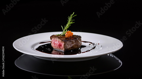 Gourmet medium rare steak served on a white plate with balsamic sauce coarse salt and rosemary garnish on a dark table with a reflective surface and a black background. 