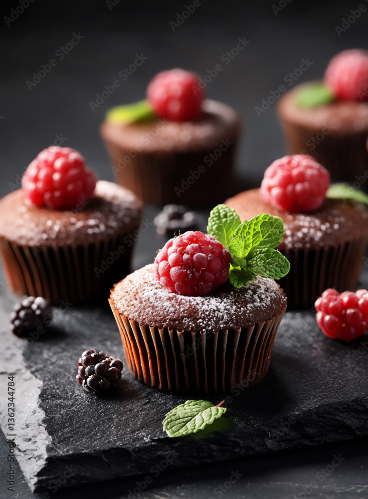 a photograph of tiny chocolate cakes with a light dusting of pink powdered sugar, fresh mint leaves, and ripe berries on top, placed against a dark background. a photograph of tiny chocolate cakes with a light dusting of pink powdered sugar, fresh mint leaves, and ripe berries on top, placed against a dark background.