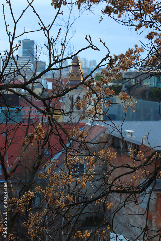 Various historic and contemporary buildings in downtown Zagreb, Croatia.