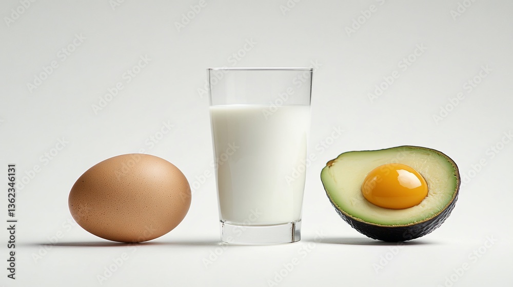 Egg, milk, and avocado half with yolk displayed Egg, milk, and avocado half with yolk displayed