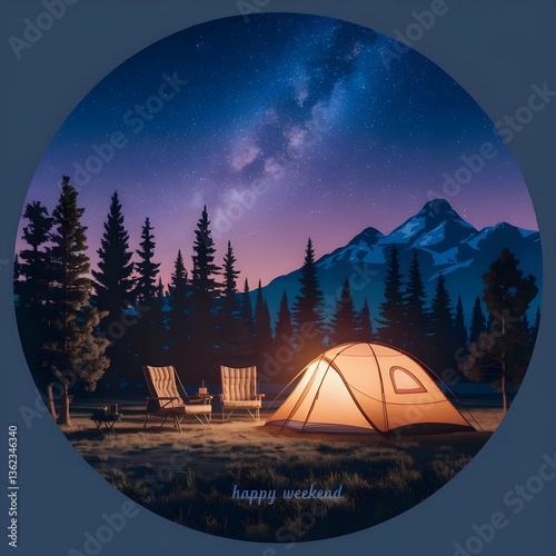 Digital matte painting with a night camping in a circle. With the inscription 