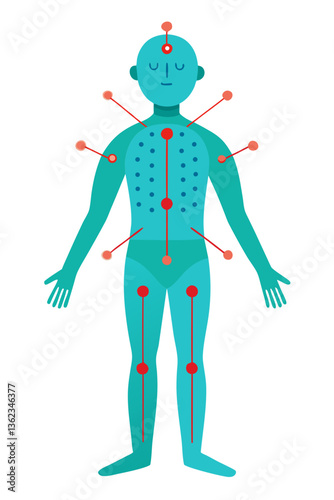 A person receiving acupuncture with needles placed on specific body points, isolated on white background.
