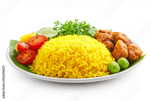 a plate of jeredan with yellow rice and fried chicken on a white background, side view, high-resolution photography, insanely detailed, photo