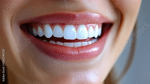 Close-up of a woman smiling brightly, showcasing her perfect teeth in a neutral background