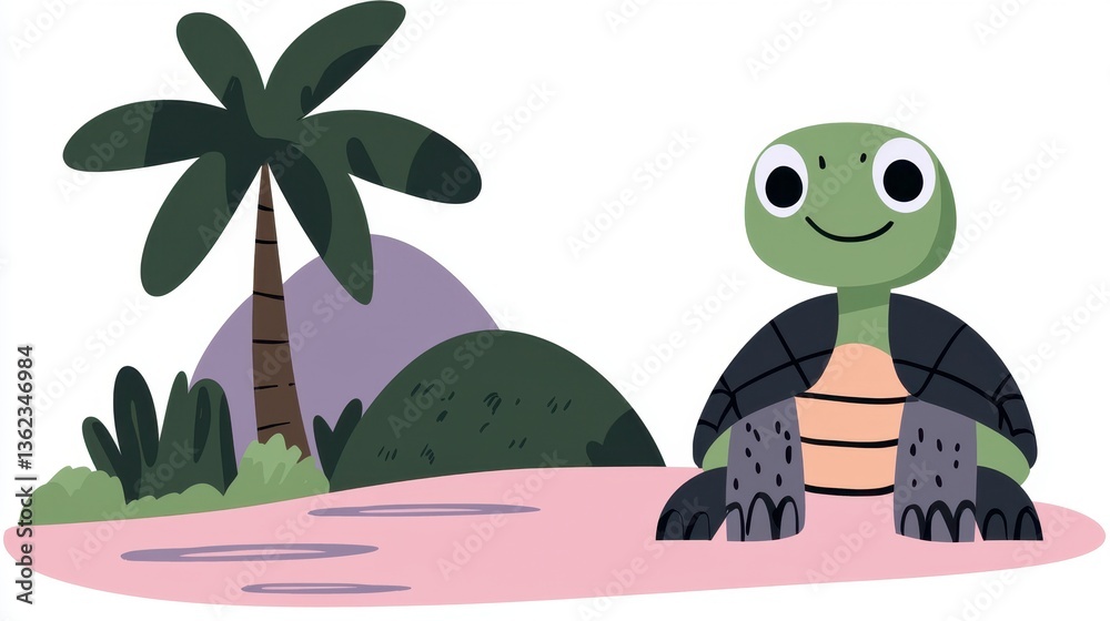 Obraz premium Friendly Cartoon Turtle on Pink Beach with Palm Tree