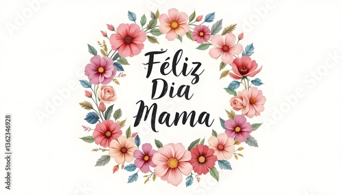 Feliz Dia Mama Floral Wreath Greeting Card on White Background