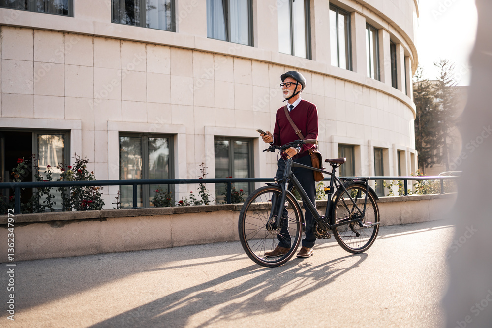 Businessman Commutes by Bike Using Smartphone in Urban Environment