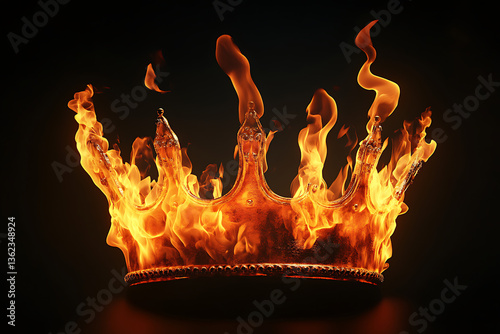 A flaming crown surrounded by intense fire, symbolizing power and royalty in a dark setting