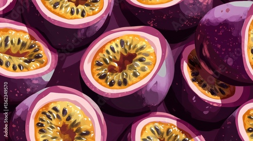 Wallpaper Mural Passion Fruit Burst: Sliced passion fruits create a visually stunning pattern, their vibrant colors and unique textures inviting viewers to a taste sensation. Torontodigital.ca