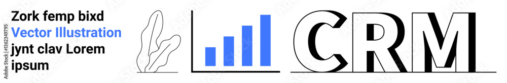 CRM text with bold design, blue bar chart, abstract shapes. Ideal for data management, analytics, business tools, client relations, software promotion, marketing simple landing page CRM text with bold design, blue bar chart, abstract shapes. Ideal for data management, analytics, business tools, client relations, software promotion, marketing simple landing page