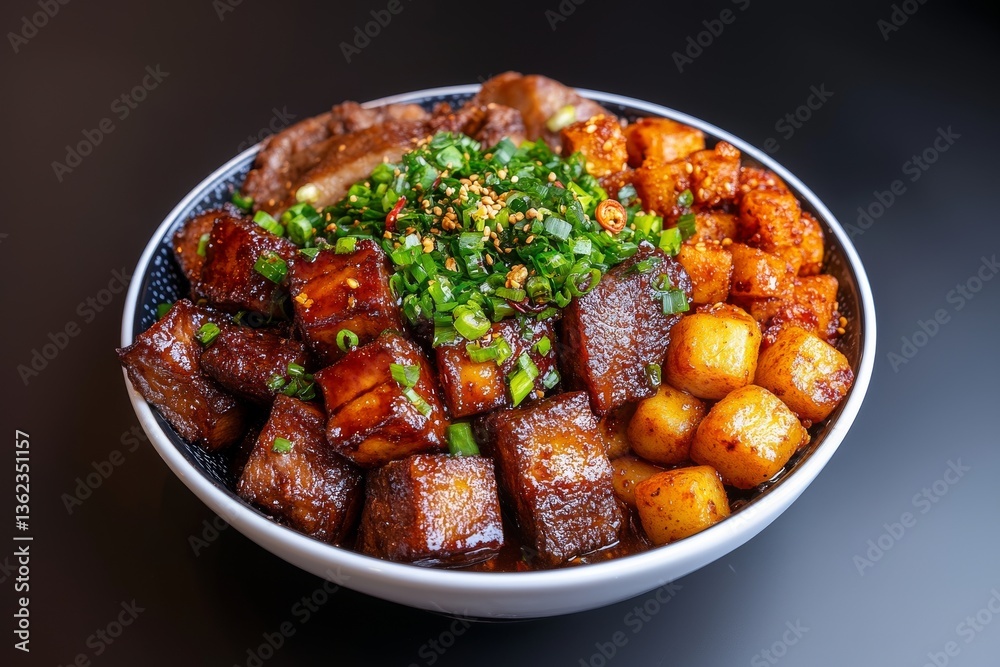 Deliciosa variedad de fideos con jugosa carne y papas doradas, perfecta para una comida reconfortante Deliciosa variedad de fideos con jugosa carne y papas doradas, perfecta para una comida reconfortante