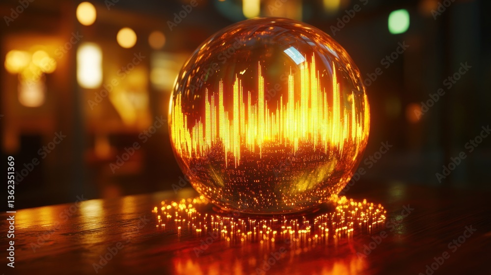 Crystal ball with audio waveform, illuminated in warm tones, interior cafe setting Crystal ball with audio waveform, illuminated in warm tones, interior cafe setting