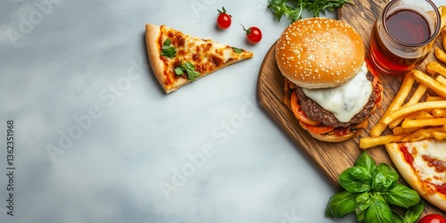 Distribución ordenada de una superficie blanca con alimentos variados y refrescos en una mesa photo