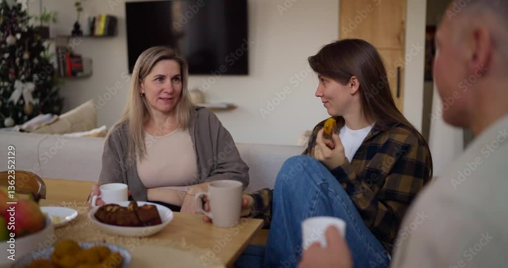 Happy blonde woman talking with her husband and daughter while having breakfast in the kitchen in the morning Happy blonde woman talking with her husband and daughter while having breakfast in the kitchen in the morning