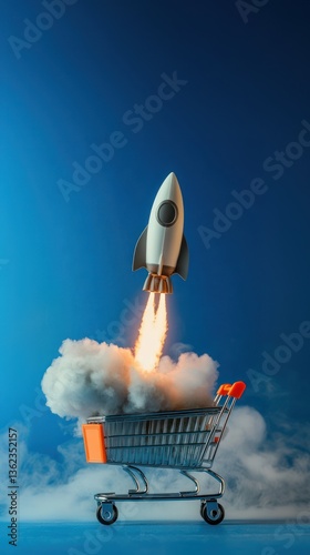 Rocket ship launching from an empty shopping cart, symbolizing quick commerce and rapid innovation in digital retail