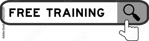 Search banner in word free training with hand over magnifier icon on white background