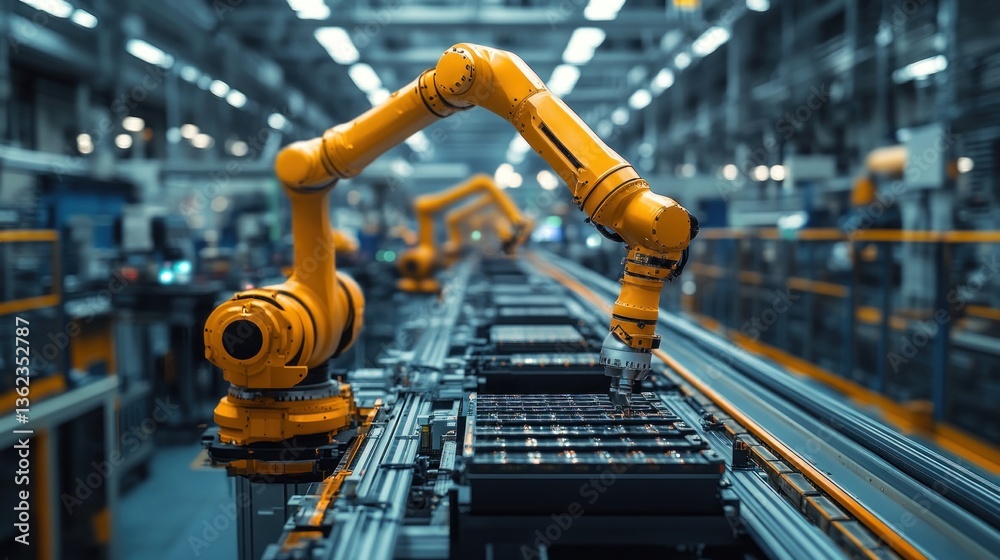 Automated robotic arm assembly line in a modern factory