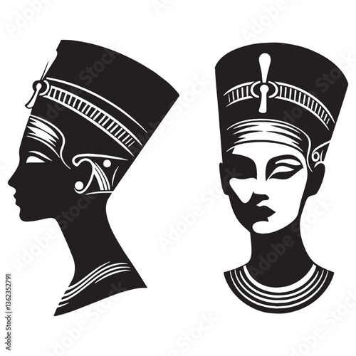 Royal Nefertiti face silhouette, a beacon of feminine power - Nefertiti illustration - Nefertiti minimalist vector - Egyptian queen silhouette

