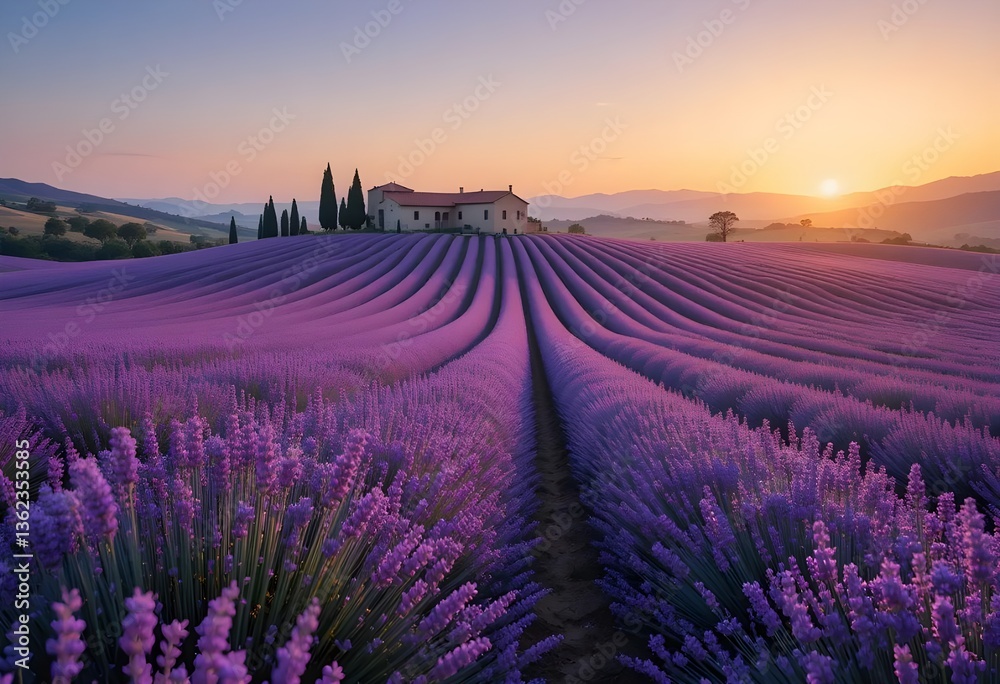 Obraz premium Lavender field with farmhouse at sunset in countryside landscape 