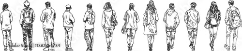 Stylish vector illustration of diverse individuals walking away, embodying themes of unity, journey, and urban life. Ideal for editorial and marketing projects, emphasizing community and movement.