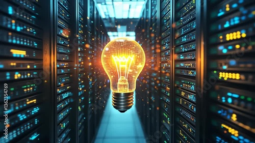 Innovative digital environment showcasing a glowing light bulb surrounded by server racks to symbolize creativity and technology integration