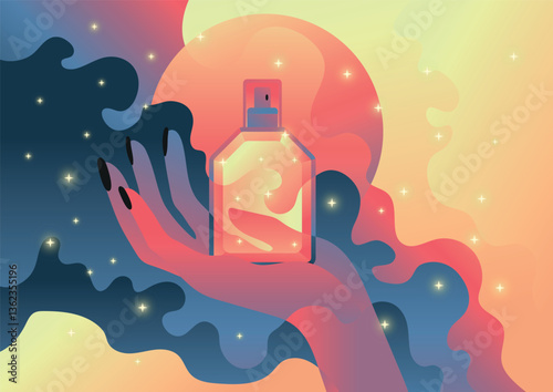 Elegant Perfume Bottle in a Dreamy Cosmic in woman hand Atmosphere, nostalgic, vaporwave