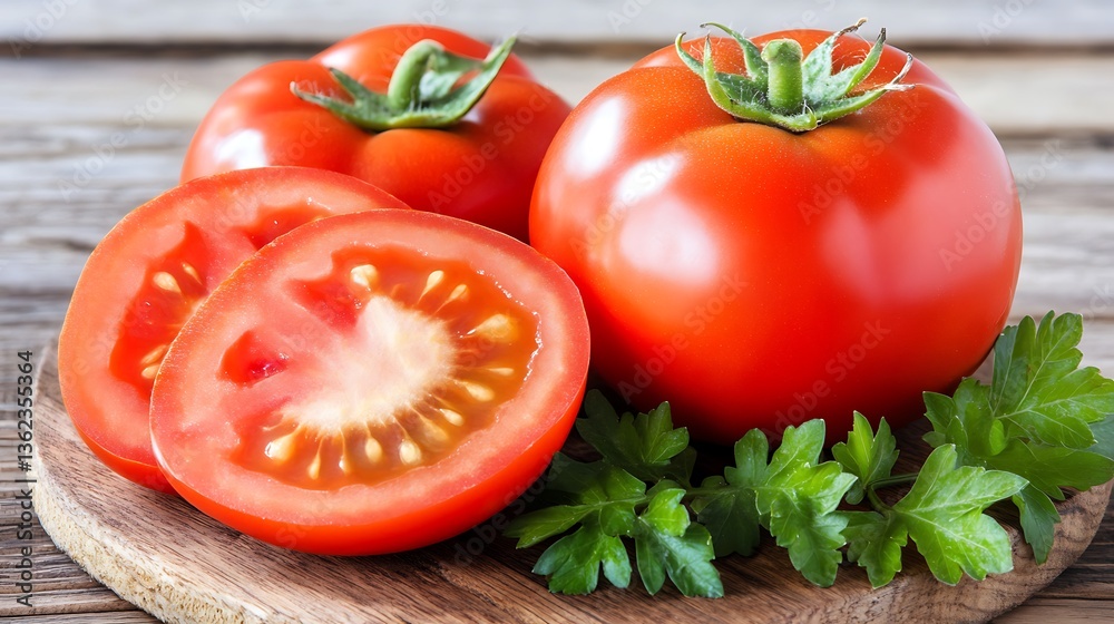 Freshly cut ripe tomatoes and parsley arranged on a wooden board Freshly cut ripe tomatoes and parsley arranged on a wooden board