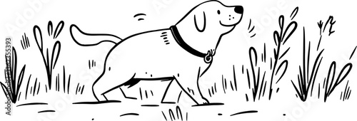 Cheerful, playful dog exploring grassy field. This vector illustration captures joy of outdoor adventures and companionship, perfect for pet lovers.