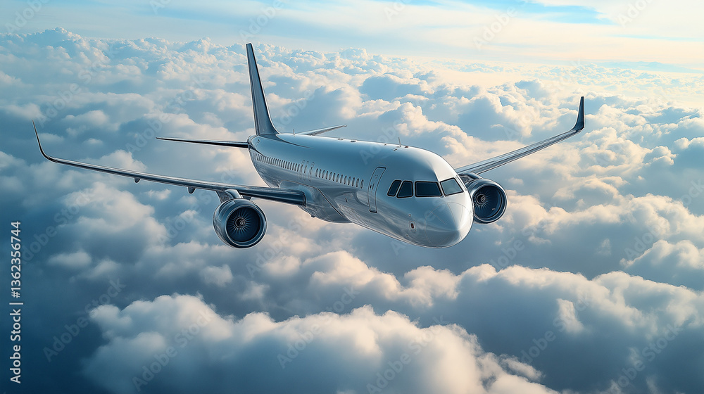 Fototapeta premium Airplane Flying Above the Clouds – Travel and Aviation Concept, airplane, aviation, flight, travel background, jet, blue sky, clouds, commercial plane, flying aircraft, transportation