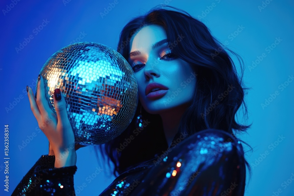 Naklejka premium A woman holds a disco ball in front of her face, shining brightly