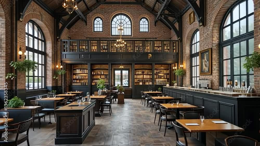 Elegant restaurant interior with library and brick arch windows daytime setting Elegant restaurant interior with library and brick arch windows daytime setting