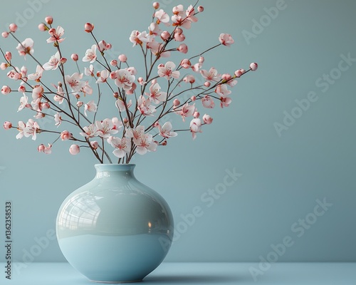 Elegant vase with blooming cherry blossoms against a soft blue background