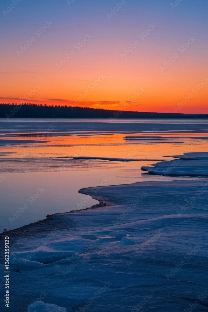Obraz premium arafed view of a lake with ice and a sunset in the background