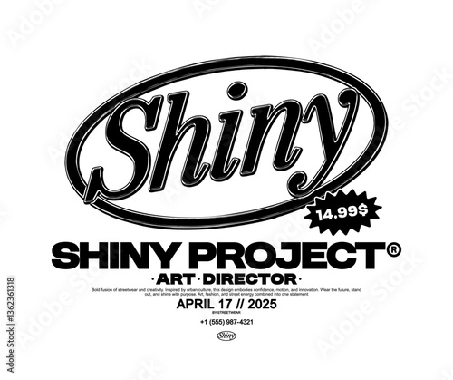 Shiny typographic print. Retro streetwear inspired logo design with vintage 3D text and graphic label style. Vector