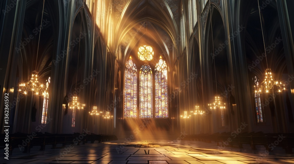 Fototapeta premium Celestial Light in the Cathedral: Architectural masterpiece, dramatic interior view of a cathedral, with light beams streaming through stained-glass windows illuminating the vast space.