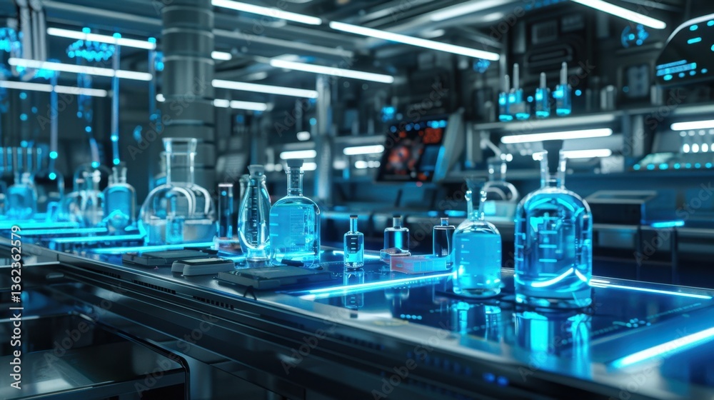 Innovation Lab: A cutting-edge laboratory is filled with glowing blue equipment and transparent beakers. The image is a testament to scientific progress and the spirit of discovery. Innovation Lab: A cutting-edge laboratory is filled with glowing blue equipment and transparent beakers. The image is a testament to scientific progress and the spirit of discovery.