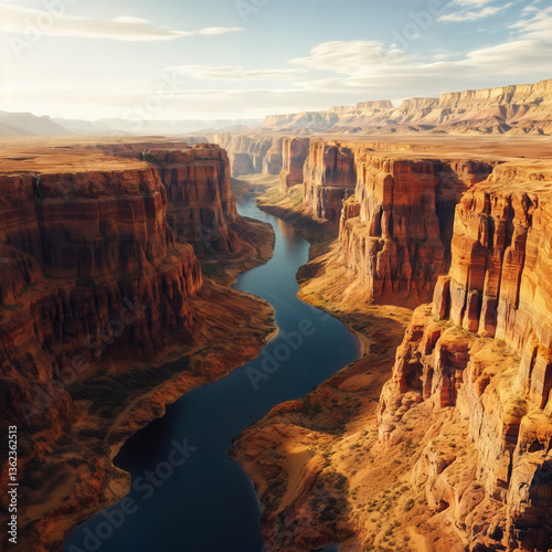 The image showcases a breathtaking aerial view of a canyon with rugged cliffs and a winding river flowing through it. The scene is illuminated by the soft light of either sunrise or sunset