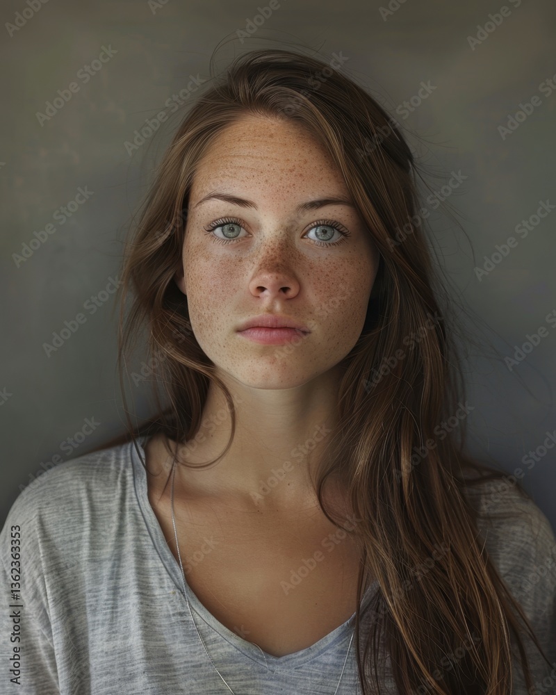 Radiant Portrait: A close-up portrait of a beautiful woman with expressive eyes and natural freckles, exuding a sense of gentle grace. Radiant Portrait: A close-up portrait of a beautiful woman with expressive eyes and natural freckles, exuding a sense of gentle grace.