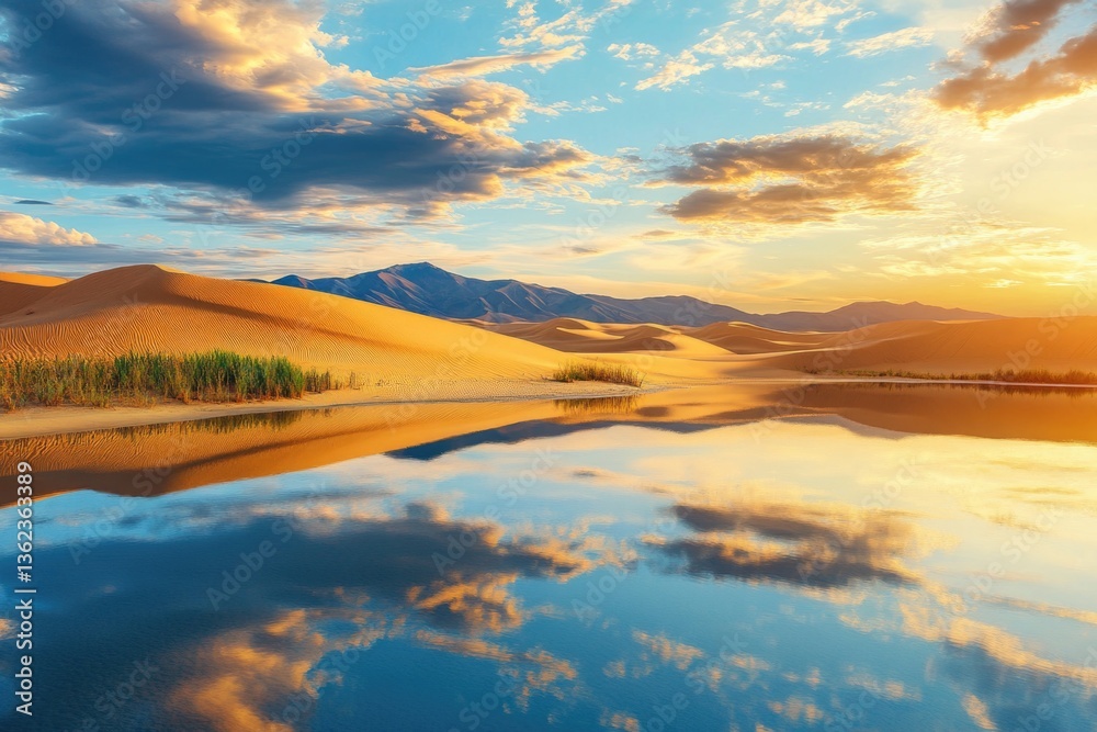 Fototapeta premium A serene lake surrounded by vast desert landscape and towering mountain peaks
