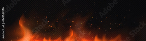 Realistic fire flames with flickering sparks and smoke on a dark background. Perfect for visual effects, burning scenes, explosions or fantasy magic projects.