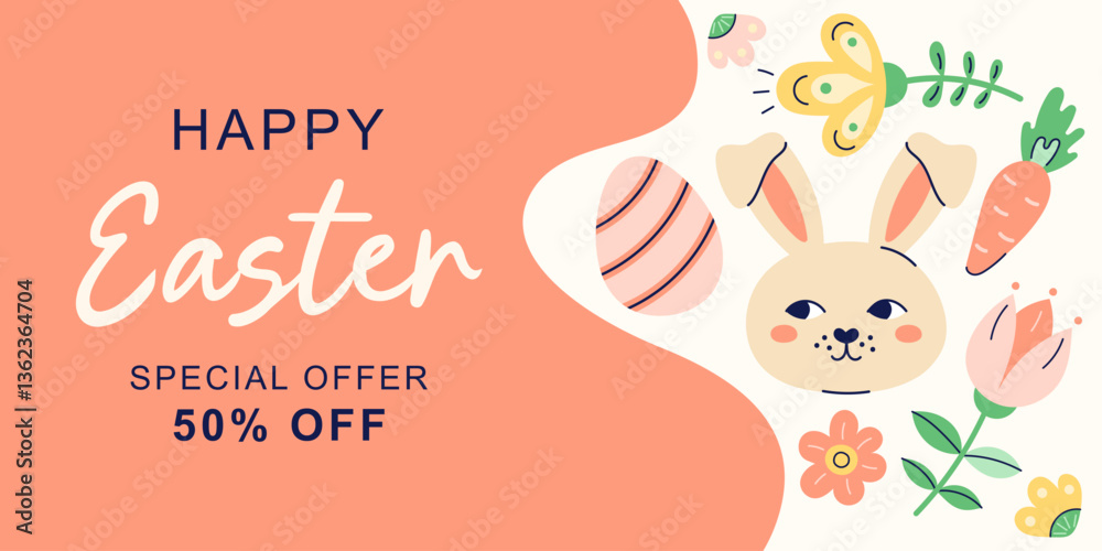 Happy Easter horizontal banner with hare on beige and orange background. Design with text for discount. Happy Easter hand drawn card. Flat illustration with partial outline. Vector illustration.