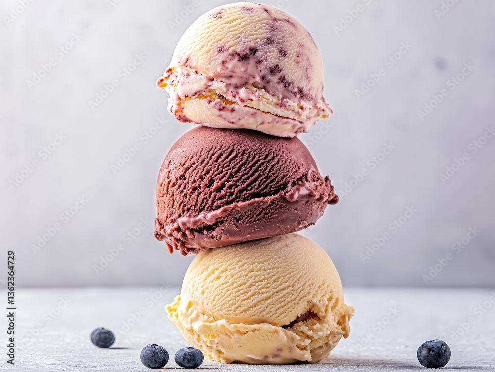 Four pastel macarons stacked with gradient shadows placed vertically on light marble background with flavor contrast and sweet luxury concept in frozen dessert composition