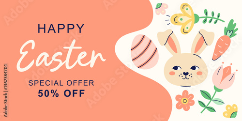Happy Easter horizontal banner with hare on beige and orange background. Design with text for discount. Happy Easter hand drawn card. Flat illustration with partial outline. Vector illustration.