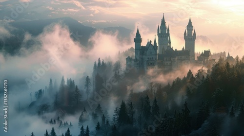 Wallpaper Mural Fairytale Fortress in the Clouds: Majestic castle perched atop a mist-shrouded mountain, offering a breathtaking panorama of a misty forest and serene landscape Torontodigital.ca
