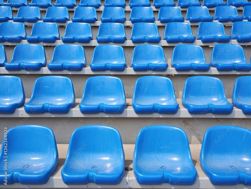 Rows of blue plastic stadium seats create a strict and orderly appearance Rows of blue plastic stadium seats create a strict and orderly appearance