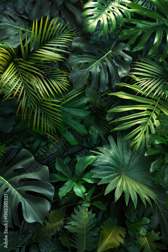 Lush green tropical leaves background. Exotic jungle plants, rainforest foliage. Nature concept. Wallpaper for design, banner, poster, wall art.