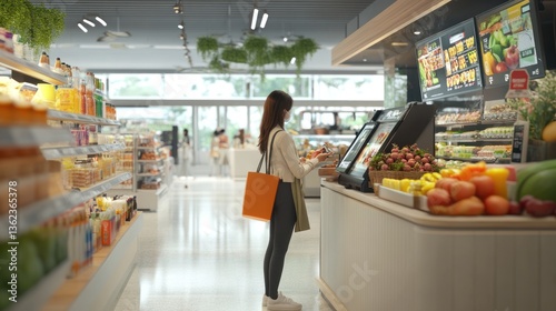 Woman shopping at a modern supermarket with self-checkout, mask wearing