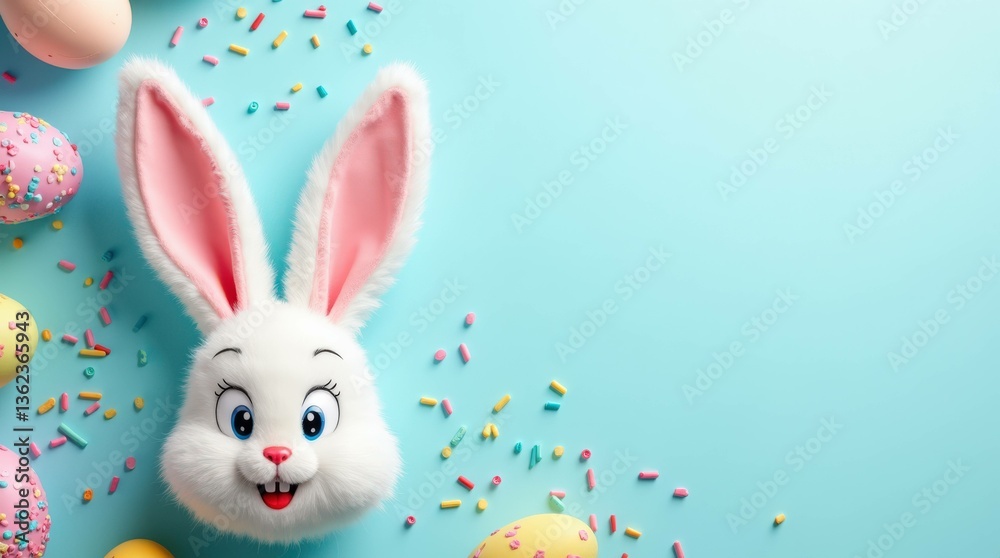 Obraz premium Happy Easter composition for easter design. Elegant Easter eggs and spring flowers on mint background. Flat lay, top view, copy space.